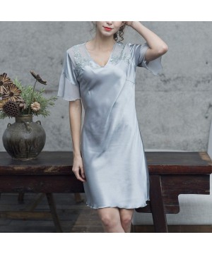 Nightgowns & Sleepshirts Women's Loose Fit Nightgown Silk Short Sleeves Lingerie Soft Floral Lace Sleep Dress - Blue - C918TA...