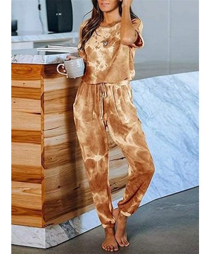 Sets Womens Tie Dye Printed Long Pajamas Set One Piece Short Sleeve PJ Sets Jumpsuit Loungewear Nightwear - Yellow - CH1988297I2