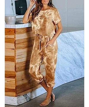 Sets Womens Tie Dye Printed Long Pajamas Set One Piece Short Sleeve PJ Sets Jumpsuit Loungewear Nightwear - Yellow - CH1988297I2