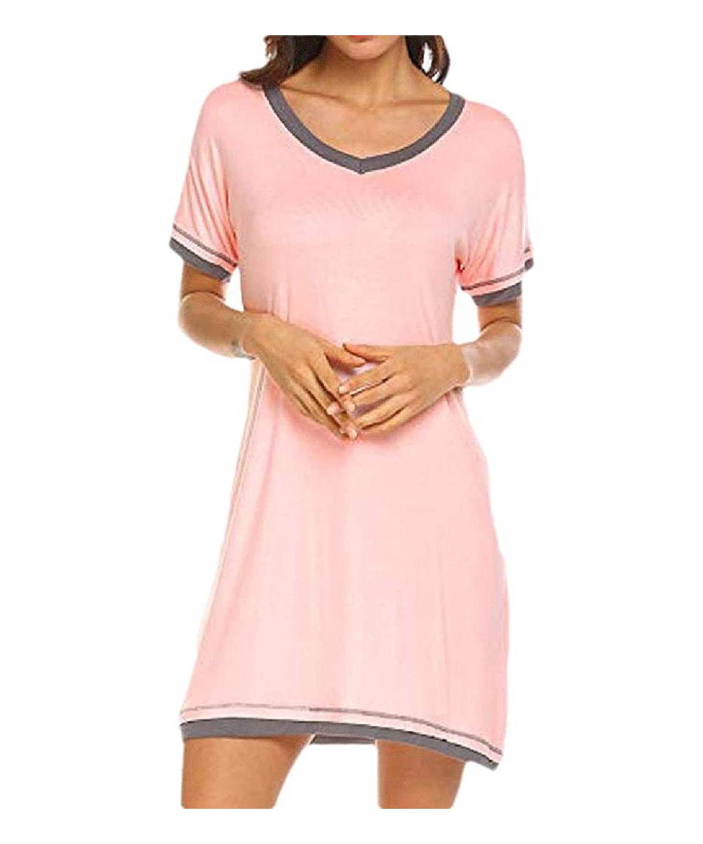 Nightgowns & Sleepshirts Women's Nightshirt Nightwear V Neck Home Wear Casual Short Sleeve Nightgowns - Pink - CE199RILCOT