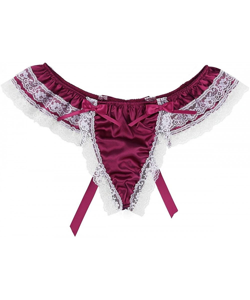 G-Strings & Thongs Men Lace Sissy Satin Panties Lace Frilly Skirted Thong Low Rise Underwear - Wine_red - CJ18S4TGHOW