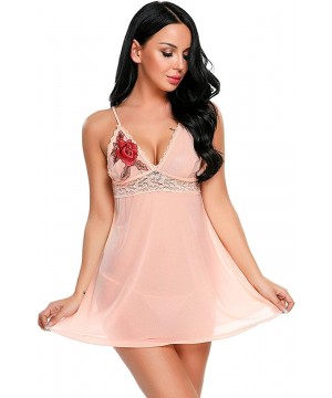 Baby Dolls & Chemises Women Sexy Lingerie V Neck Sheer Lace Babydoll Strap Chemise Nightie Mesh Sleepwear - Pink(5234) - C818...