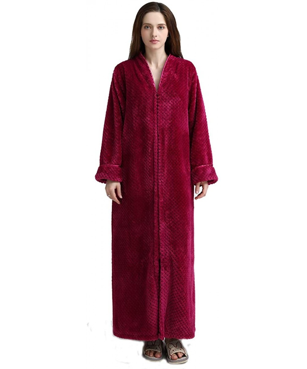 Robes Women's Zip Front Bathrobe Premium Flannel Fleece Plush Caftan Soft Long Robe Warm Housecoat - Rose - CH18HHUCXTR