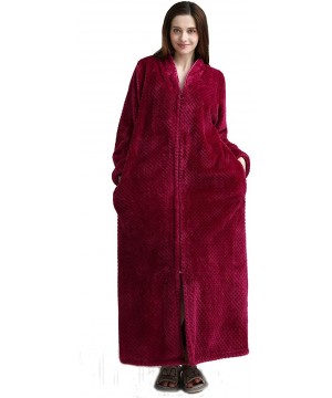 Robes Women's Zip Front Bathrobe Premium Flannel Fleece Plush Caftan Soft Long Robe Warm Housecoat - Rose - CH18HHUCXTR