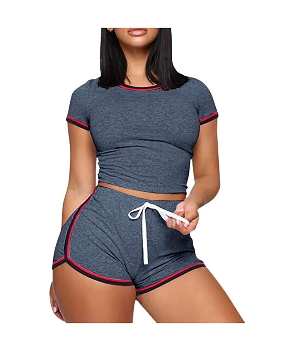 Sets Women's 2 Piece Shorts Set Sexy Outfits Crop Top Shorts Tracksuit Sleepwear Tank Top Pajama Set - Dark Blue - CX198RKYL3Z