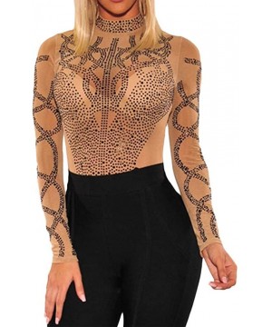 Shapewear Women's Sexy Rhinestone Sheer Mesh Long Sleeve Bodysuits Clubwear - Khaki - CP18YHSI4YC