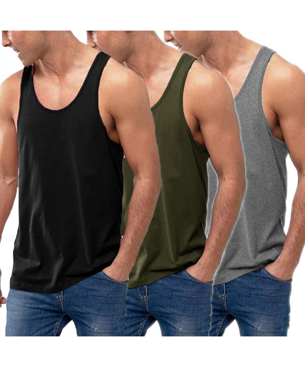 Undershirts Men's 3 Pack Tank Tops Cotton Performance Sleeveless Casual Classic T Shirts - Black/Dark Grey/Army Green - CW19D...