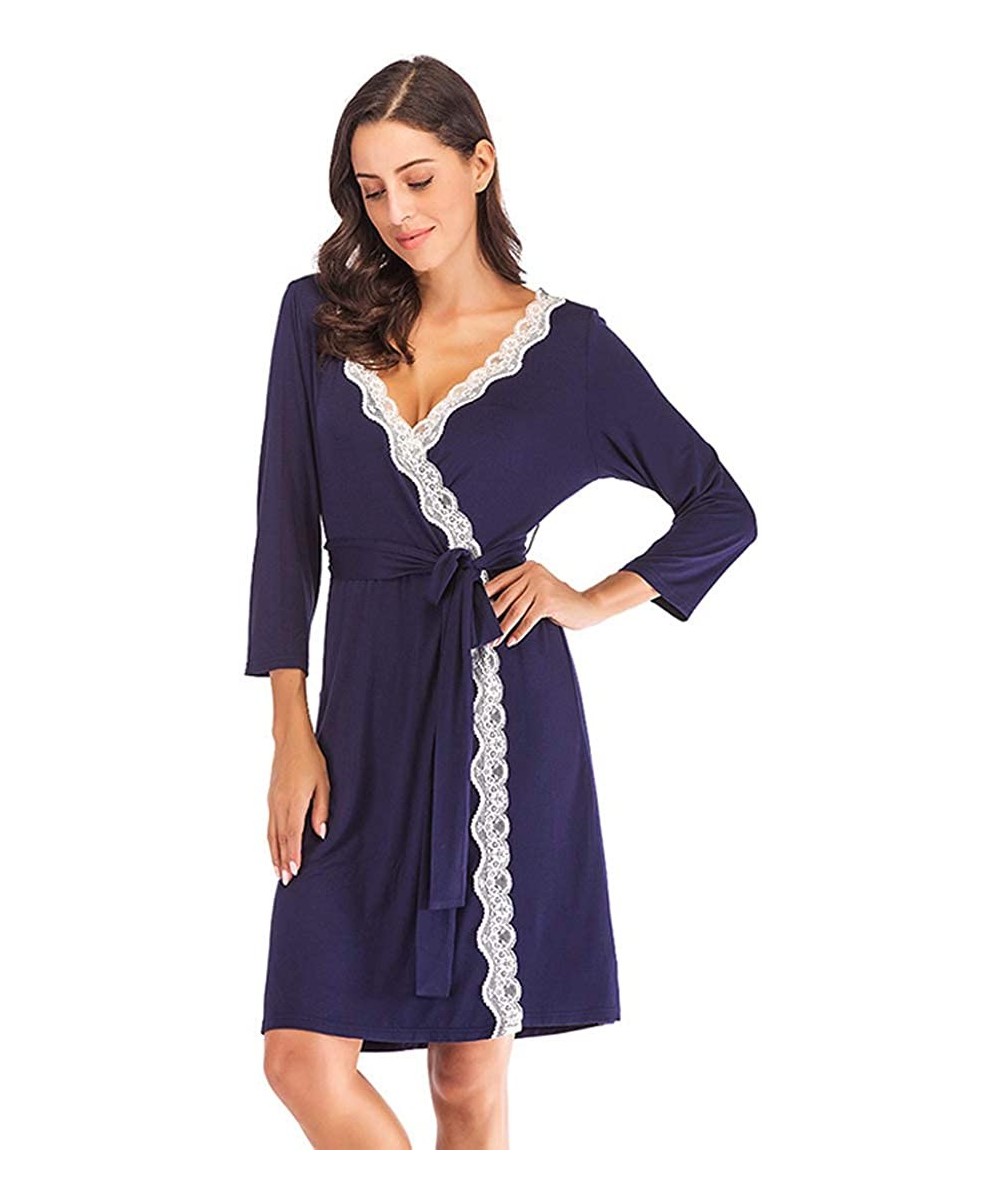 Robes Women Kimono Robes Knit Cotton Lightweight Housecoat Short Bathrobe Soft Sleepwear Ladies Loungewear - Navy Blue - CK19...