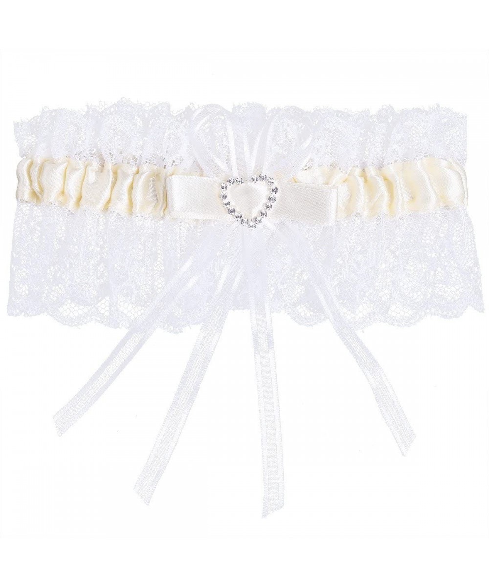 Garters & Garter Belts Bridal Lace Wedding Garter with Crystal Rhinestones Heart Satin Bow - Cream - CO17AZC6HKQ