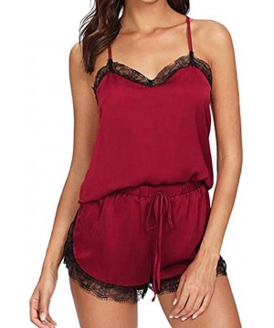 Sets Women Summer Sleepwear Set Sleeveless Strap Nightwear Lace Trim Cami Top Shorts with Adjustable Waist Pajama Sets Wine -...