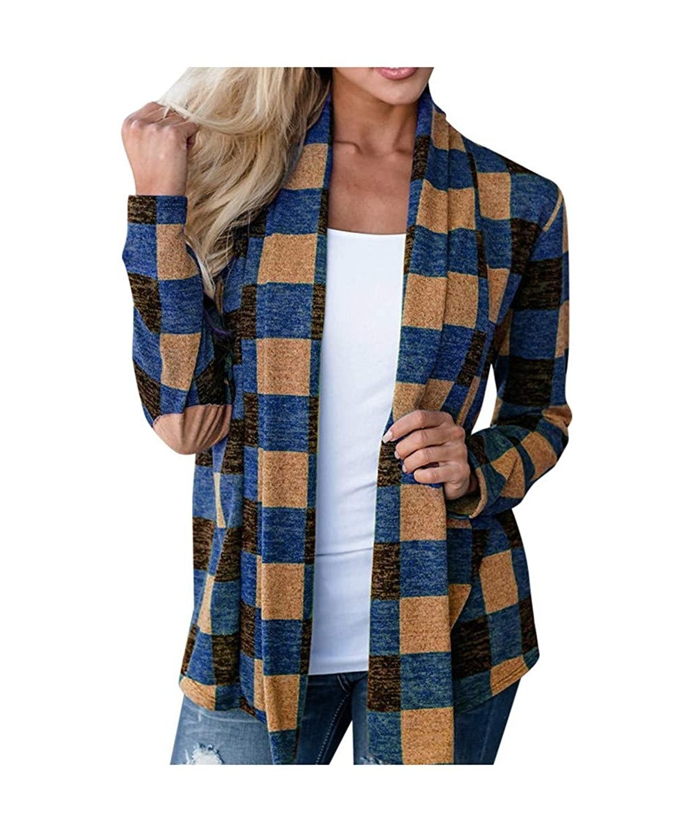 Garters & Garter Belts Womens Casual Plaid Open Cape Coat Loose Long Sleeve Kimono Jacket Cardigan Tops - Blue - CZ18YEOUL8X