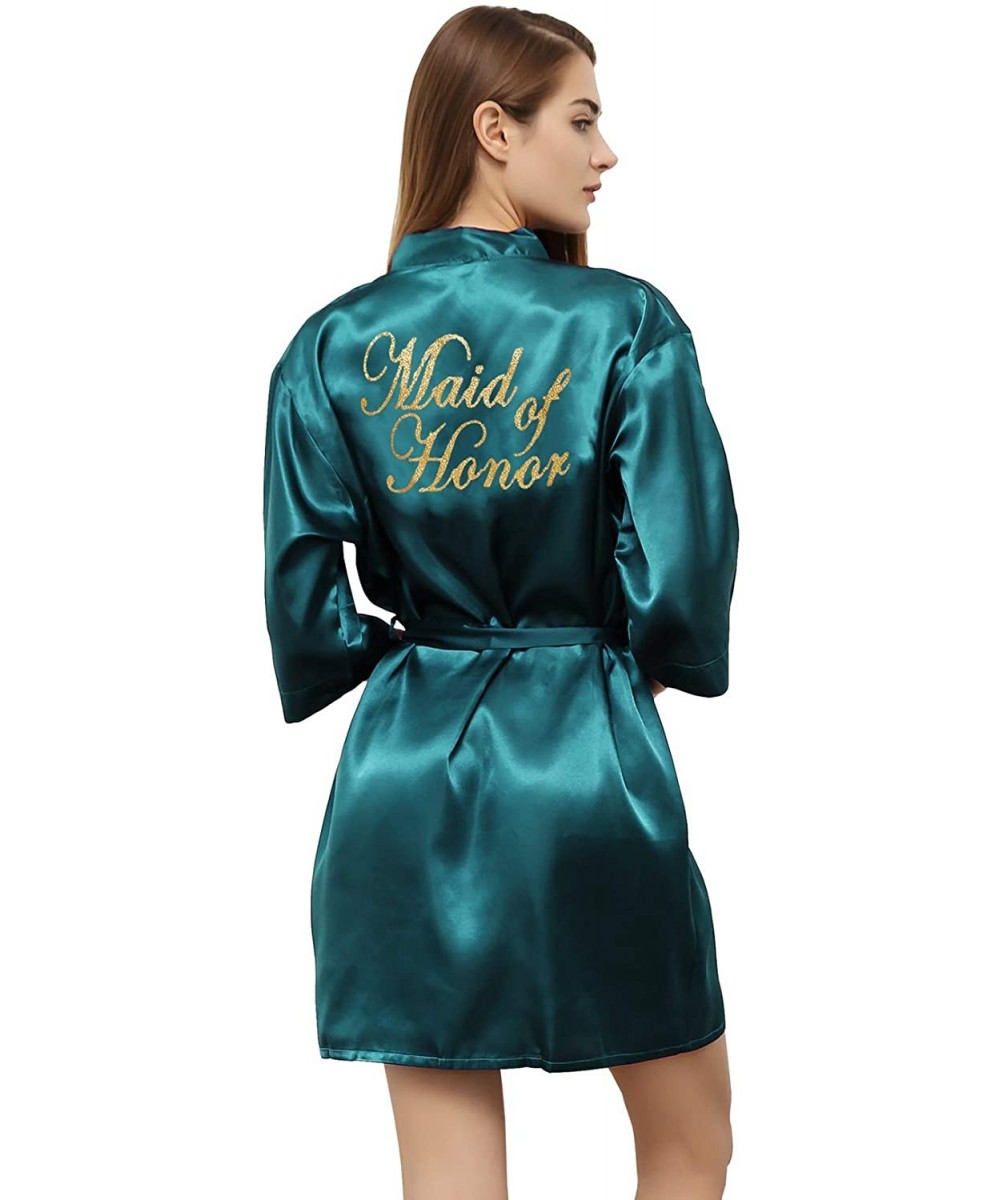 Robes Women Satin Kimono Robe for Bride Bridesmaid Robes Pajamas Wedding Party with Gold Glitter Atrovirens maid of Honor - C...