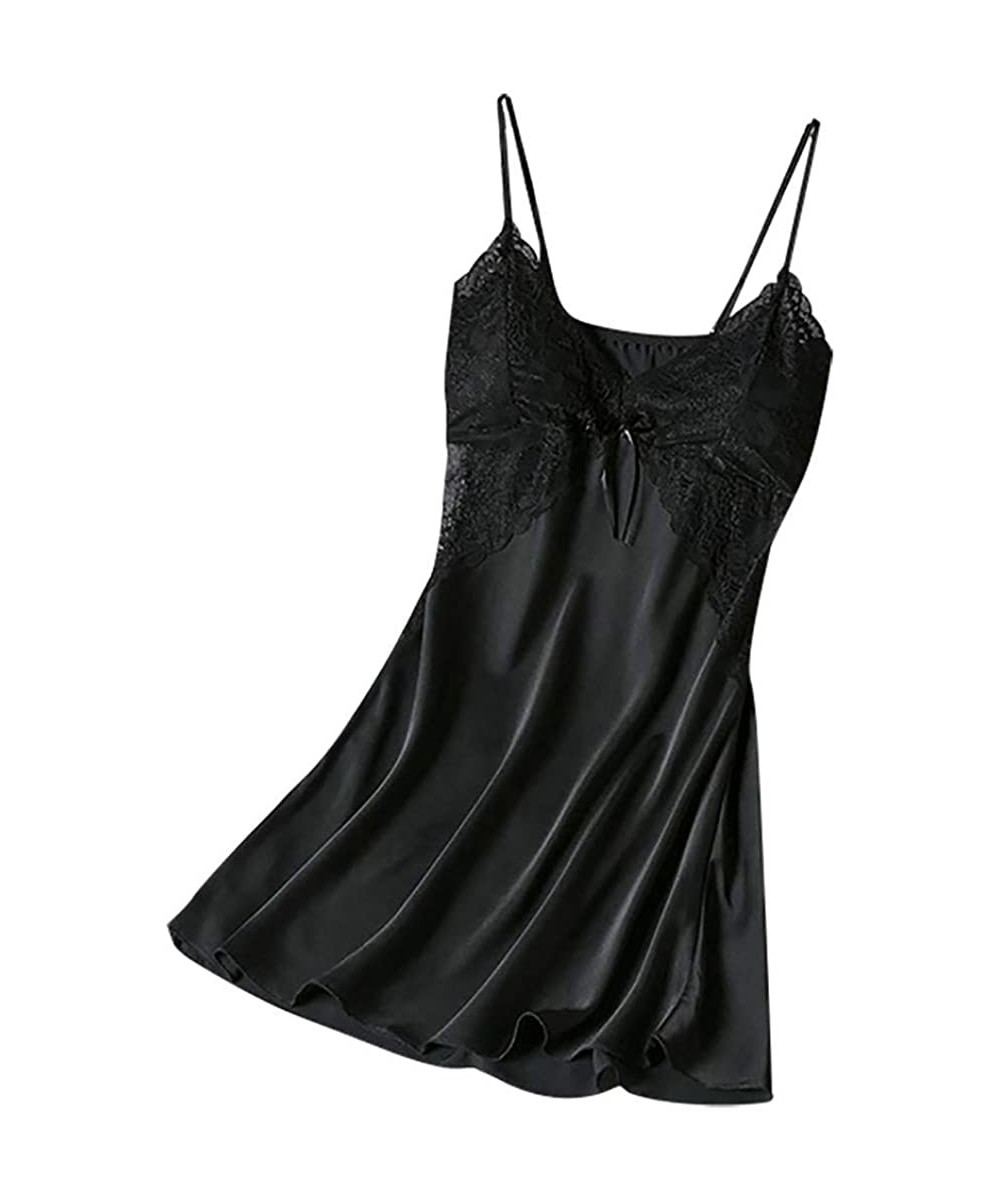 Nightgowns & Sleepshirts Women Chemise Satin Silk Teddy Sleepwear Sexy Pajamas Nightgown Full Slips Lace Dress - Black - CT19...