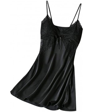 Nightgowns & Sleepshirts Women Chemise Satin Silk Teddy Sleepwear Sexy Pajamas Nightgown Full Slips Lace Dress - Black - CT19...