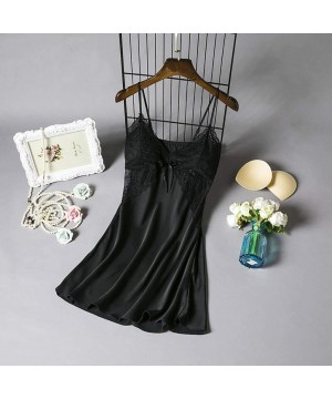 Nightgowns & Sleepshirts Women Chemise Satin Silk Teddy Sleepwear Sexy Pajamas Nightgown Full Slips Lace Dress - Black - CT19...