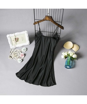 Nightgowns & Sleepshirts Women Chemise Satin Silk Teddy Sleepwear Sexy Pajamas Nightgown Full Slips Lace Dress - Black - CT19...