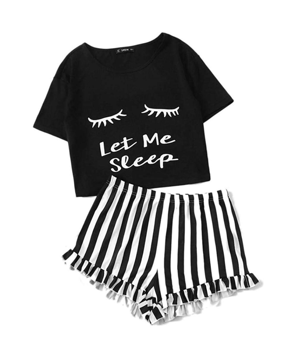 Sets Summer Ladies Eyelash Print Short Sleeve + Striped Shorts Home Service Suit - Yellow - C219DSOGQR8