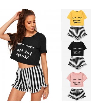 Sets Summer Ladies Eyelash Print Short Sleeve + Striped Shorts Home Service Suit - Yellow - C219DSOGQR8