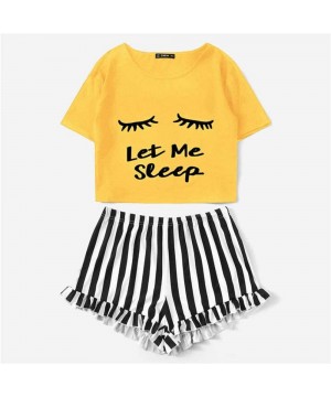 Sets Summer Ladies Eyelash Print Short Sleeve + Striped Shorts Home Service Suit - Yellow - C219DSOGQR8