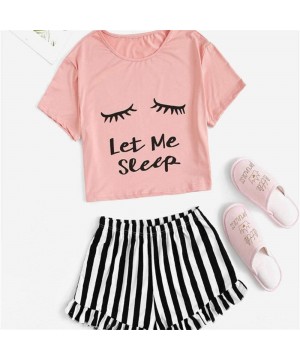 Sets Summer Ladies Eyelash Print Short Sleeve + Striped Shorts Home Service Suit - Yellow - C219DSOGQR8