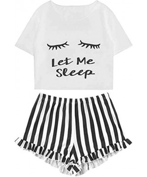 Sets Summer Ladies Eyelash Print Short Sleeve + Striped Shorts Home Service Suit - Yellow - C219DSOGQR8