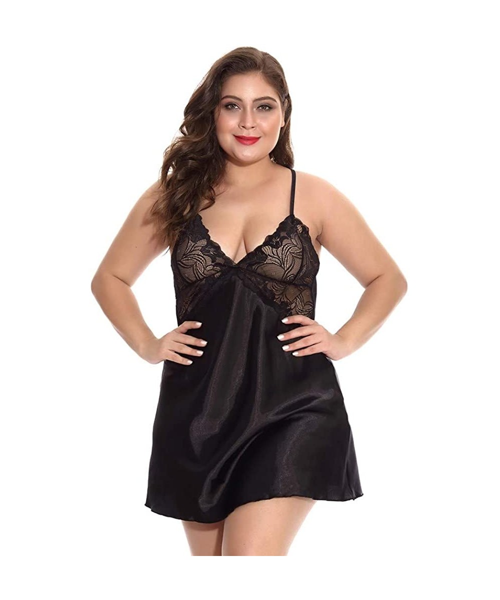 Robes Plus Size Lingerie for Women Sexy Deep V Neck Sling Backless Nightdress Cross Back Strap Chemise - Black - CE197730LDH