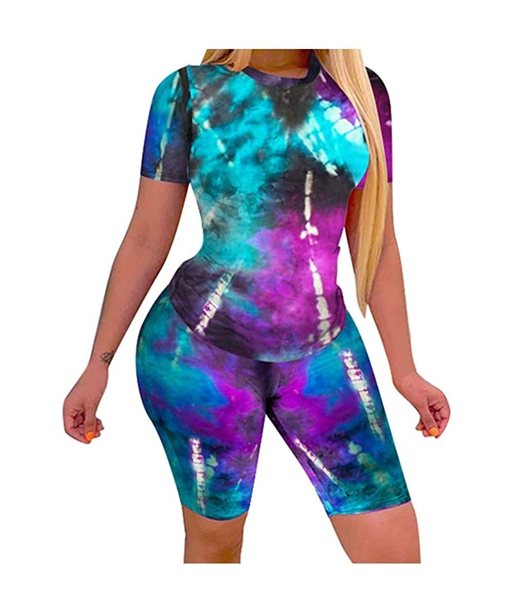 Sets Womens Summer Tie Dye Short Sleeve Pullover Top + Bodycon Shorts Tie Dye Casual Yoga Suit - Plus Size - Black - C3190U5Y42O