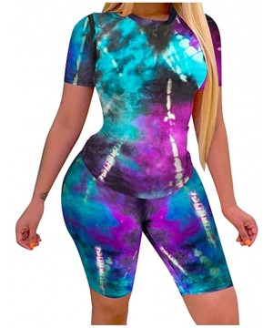 Sets Womens Summer Tie Dye Short Sleeve Pullover Top + Bodycon Shorts Tie Dye Casual Yoga Suit - Plus Size - Black - C3190U5Y42O