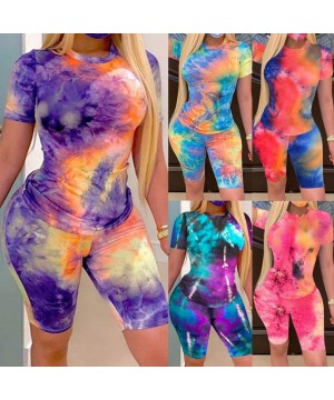 Sets Womens Summer Tie Dye Short Sleeve Pullover Top + Bodycon Shorts Tie Dye Casual Yoga Suit - Plus Size - Black - C3190U5Y42O