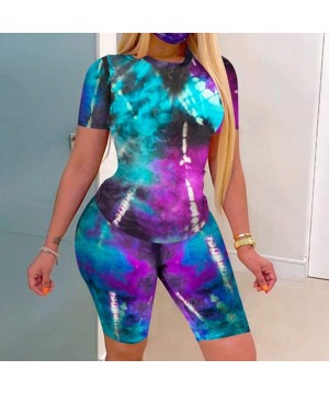 Sets Womens Summer Tie Dye Short Sleeve Pullover Top + Bodycon Shorts Tie Dye Casual Yoga Suit - Plus Size - Black - C3190U5Y42O