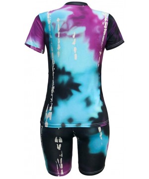 Sets Womens Summer Tie Dye Short Sleeve Pullover Top + Bodycon Shorts Tie Dye Casual Yoga Suit - Plus Size - Black - C3190U5Y42O