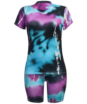 Sets Womens Summer Tie Dye Short Sleeve Pullover Top + Bodycon Shorts Tie Dye Casual Yoga Suit - Plus Size - Black - C3190U5Y42O