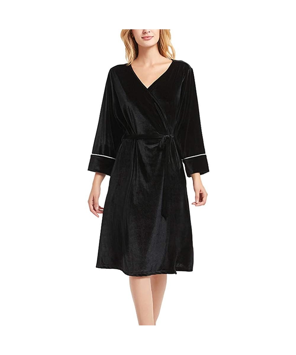 Robes Women Velvet Robes- Soft Fuzzy Kimono Bathrobe for Women Bridal Wedding Sleepwear with Pockets - Black - CZ192ZMDLDR