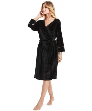 Robes Women Velvet Robes- Soft Fuzzy Kimono Bathrobe for Women Bridal Wedding Sleepwear with Pockets - Black - CZ192ZMDLDR