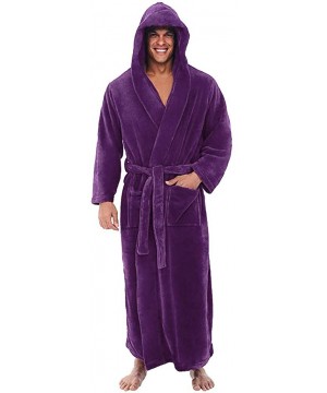 Robes Mens Bathrobe- Men's Plush Fleece Robe Lengthen Shawl with Hood Warm Kimono Home Coat Clothes - Purple - C1193OUN2ET