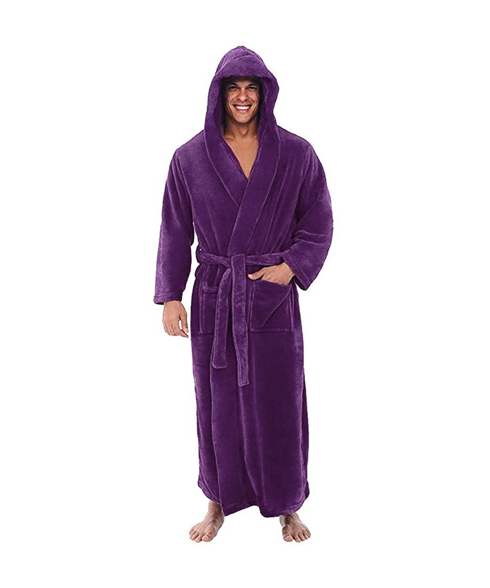 Robes Mens Bathrobe- Men's Plush Fleece Robe Lengthen Shawl with Hood Warm Kimono Home Coat Clothes - Purple - C1193OUN2ET