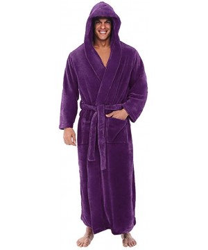 Robes Mens Bathrobe- Men's Plush Fleece Robe Lengthen Shawl with Hood Warm Kimono Home Coat Clothes - Purple - C1193OUN2ET