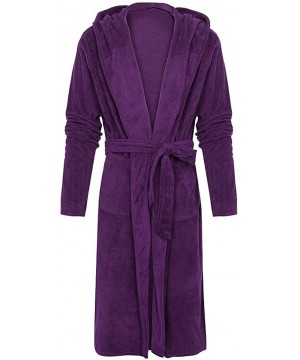 Robes Mens Bathrobe- Men's Plush Fleece Robe Lengthen Shawl with Hood Warm Kimono Home Coat Clothes - Purple - C1193OUN2ET