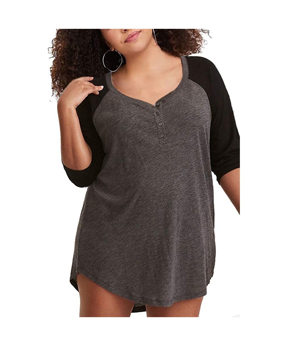 Nightgowns & Sleepshirts Womens Plus Size Tunic Raglan Henley V Neck 3/4 Sleeve Sleep Shirts Sleepwear Pajamas - Dark Grey - ...