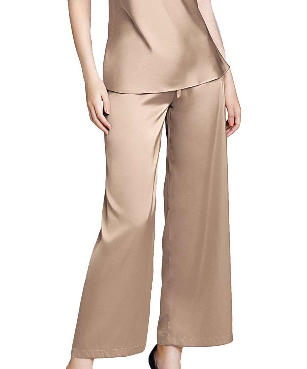 Bottoms Women's Satin Pajama Pants Silk Lounge Bottoms Wide Leg Solid Sleepwear Trousers - Khaki - C1198UO6DU9