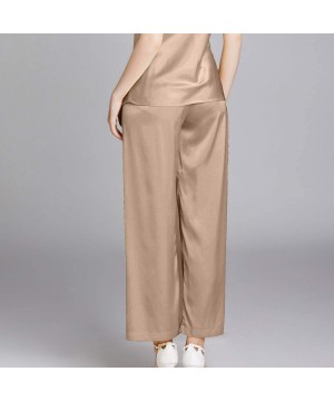 Bottoms Women's Satin Pajama Pants Silk Lounge Bottoms Wide Leg Solid Sleepwear Trousers - Khaki - C1198UO6DU9