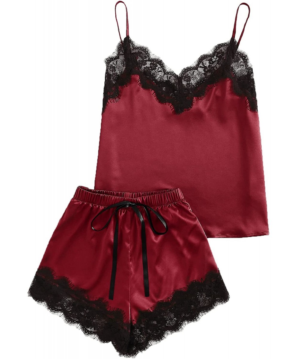 Sets Women's Lace Satin Sleepwear Cami Top and Shorts Pajama Set - Burgundy - C81892HURKU