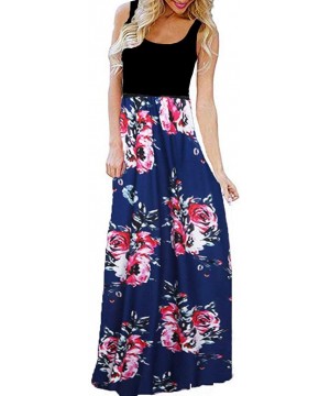 Bottoms 2018 Women Sleeveless Floral Print Maxi Long Dress with Pockets O-Neck Beach - Navy - CD18STYWX4Z