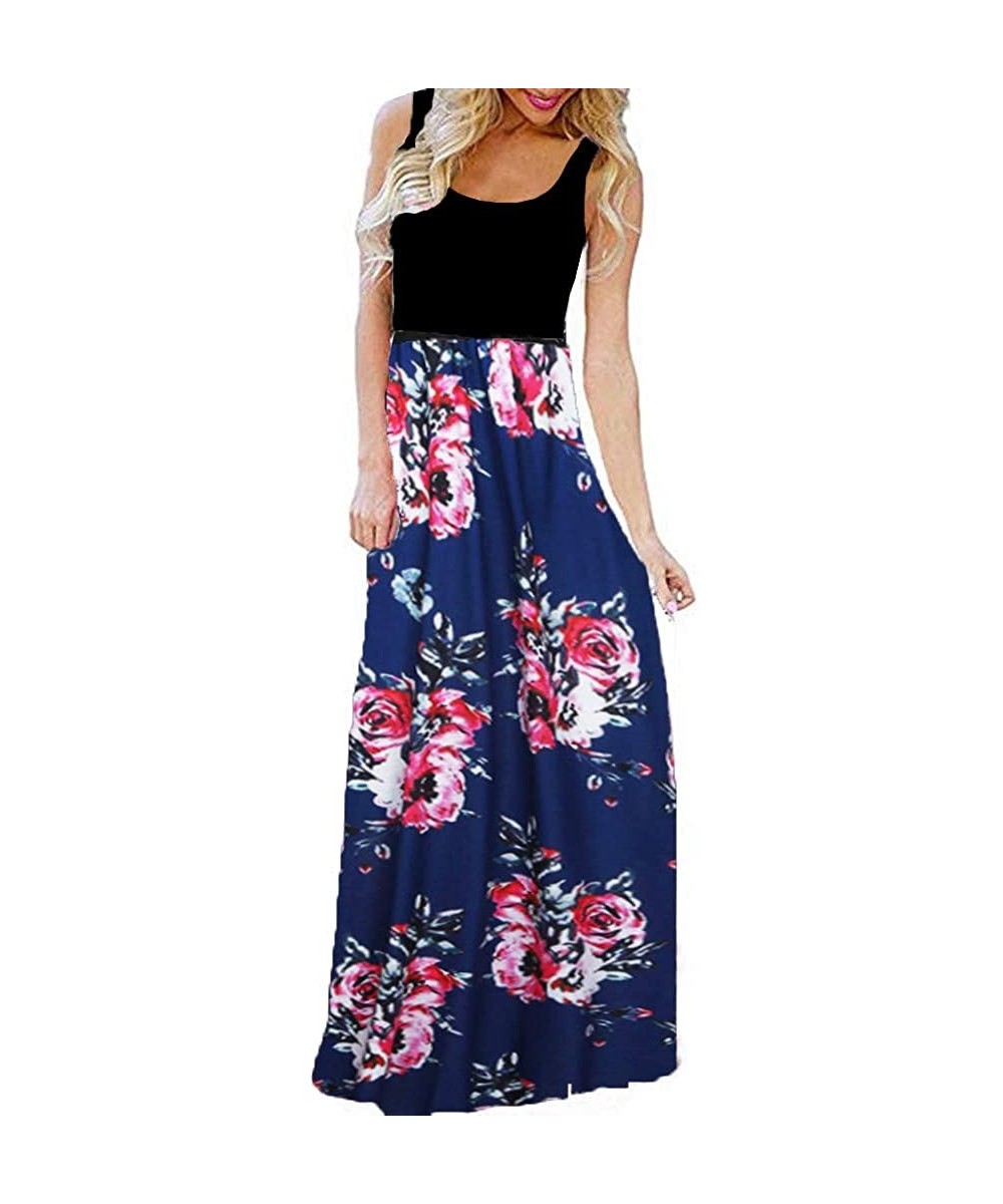 Bottoms 2018 Women Sleeveless Floral Print Maxi Long Dress with Pockets O-Neck Beach - Navy - CD18STYWX4Z