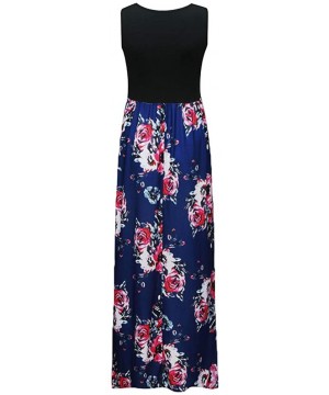 Bottoms 2018 Women Sleeveless Floral Print Maxi Long Dress with Pockets O-Neck Beach - Navy - CD18STYWX4Z