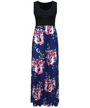 Bottoms 2018 Women Sleeveless Floral Print Maxi Long Dress with Pockets O-Neck Beach - Navy - CD18STYWX4Z