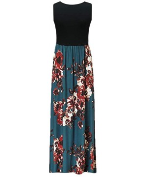 Bottoms 2018 Women Sleeveless Floral Print Maxi Long Dress with Pockets O-Neck Beach - Navy - CD18STYWX4Z