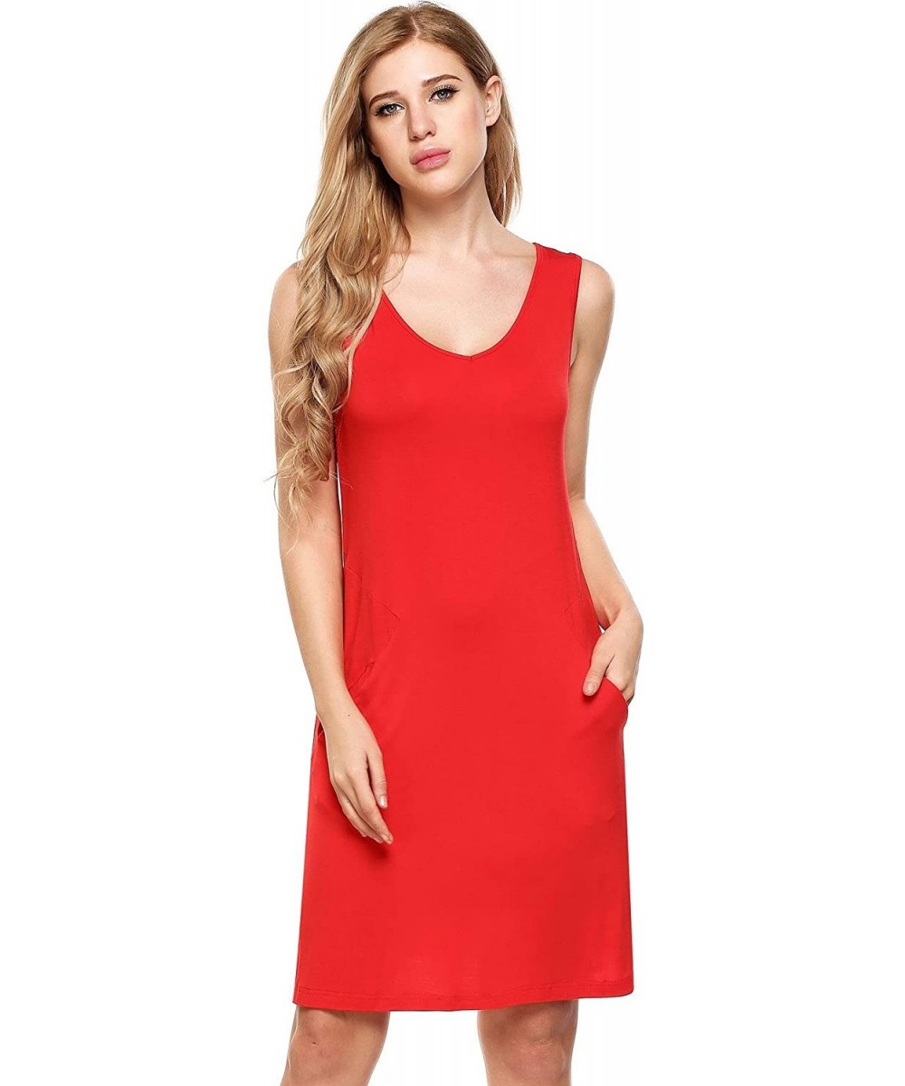 Nightgowns & Sleepshirts Women's Sleeveless Rayon Slub Nightgown Tank Sleepdress Full Slip Nightie - Red-01 - CM18RUL876K