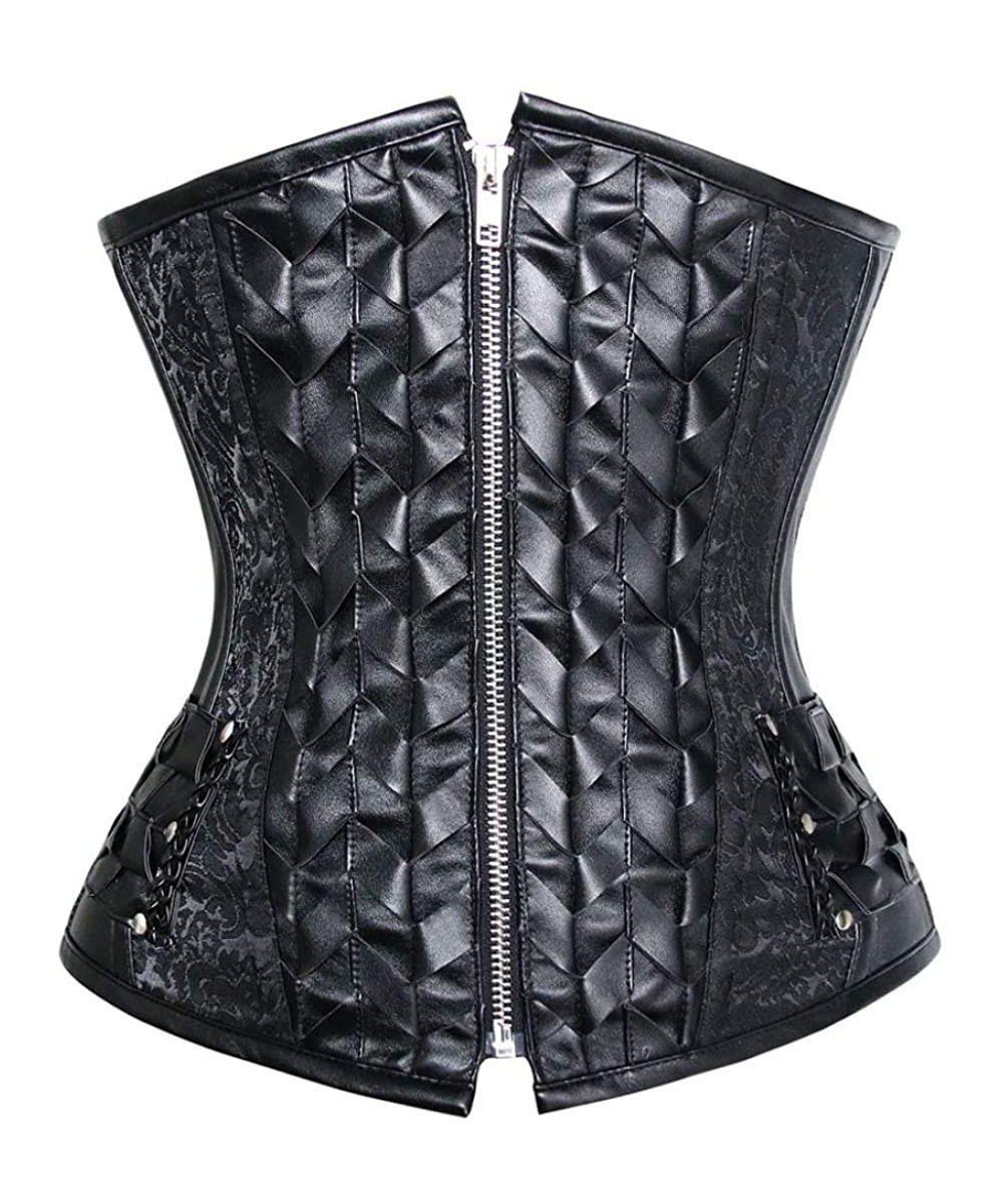 Bustiers & Corsets Women Sexy Steampunk Bustier Steel Boned PU Leather Corset Underbust Waist Trainer - Black - CQ18TLX0EXC