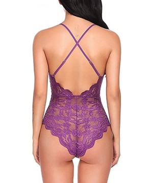 Baby Dolls & Chemises Women Sexy Lace Halter Lingerie One Piece Babydoll Bodysuit Teddy Sleepwear - Purple - C2197C5YKAX